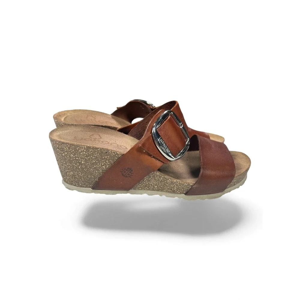Yokono Women Brown Leather Wedge Slide Sandals Buckle Casual Comfort‎ Size 6.5-7